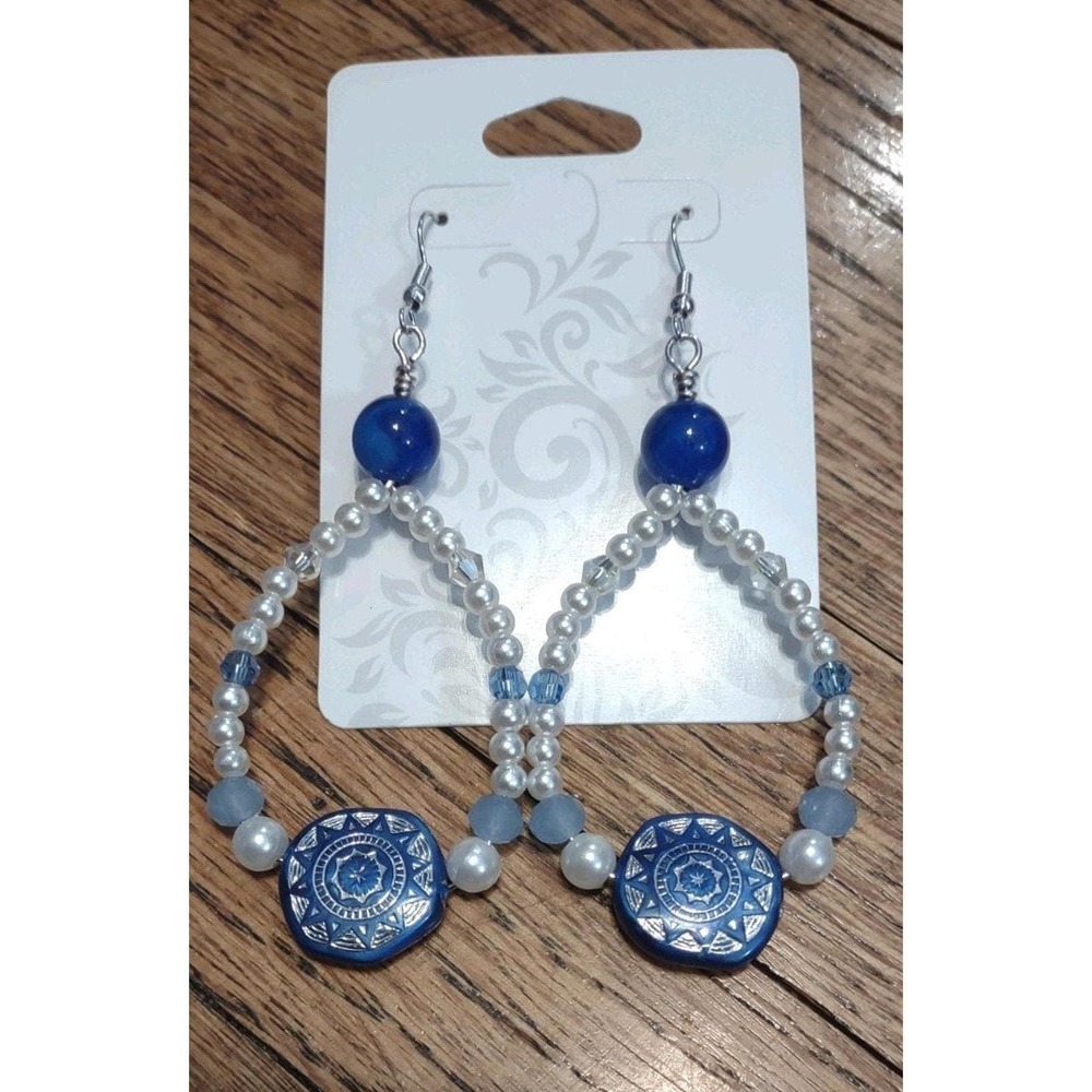 Blue White Beaded Teardrop Hoop Earrings Silver Tone Mandala Medallion Dangle